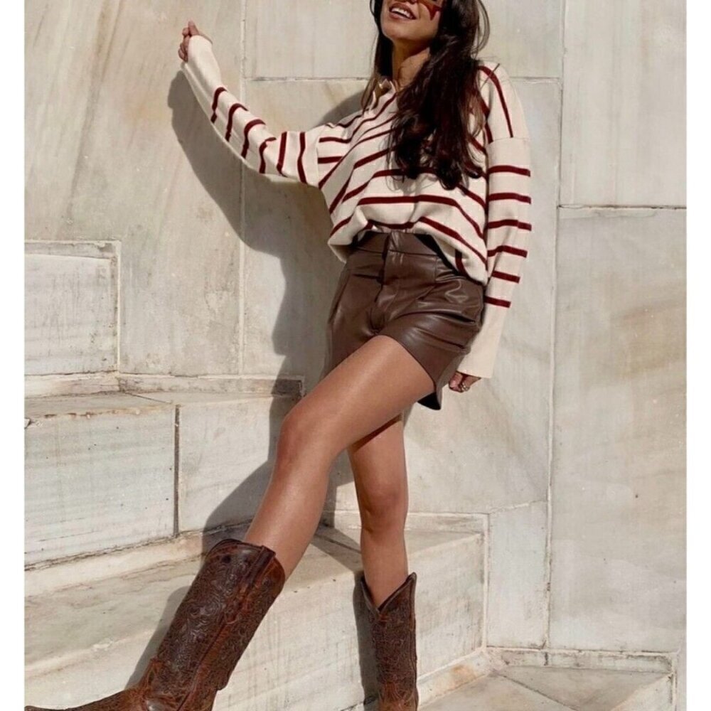 Zara Sz L Brown Faux Leather High Rise Shorts Vegan Stretch Pockets NWT NEW